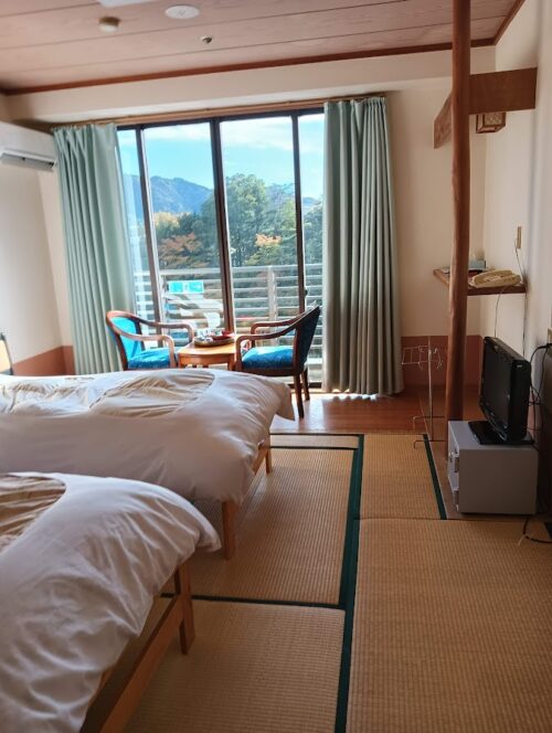 鬼怒川温泉「ホテルニューおおるり」客室のようす。和室ベッドタイプ・渓谷ビュー。