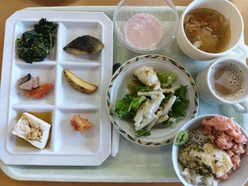 朝食バイキングの「のっけ丼」。ネギトロやしらすを自由に盛りつけて、朝から贅沢気分でした。