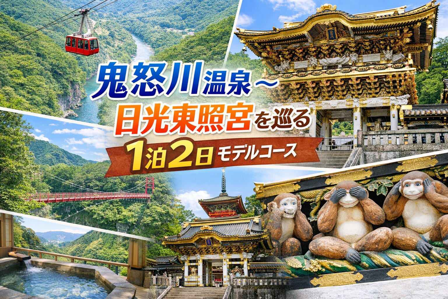 鬼怒川温泉と日光東照宮を巡る1泊2日モデルコースのアイキャッチ画像。ロープウェイ、吊橋、温泉、東照宮の写真を組み合わせた旅のイメージ。